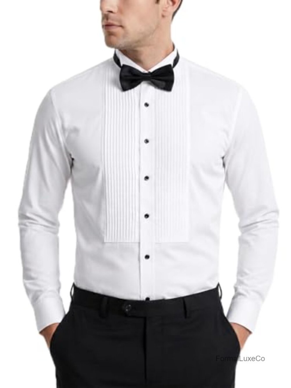 Men's White Tuxedo Shirt Wing Collar French Cuff Bow Tie Cufflinks